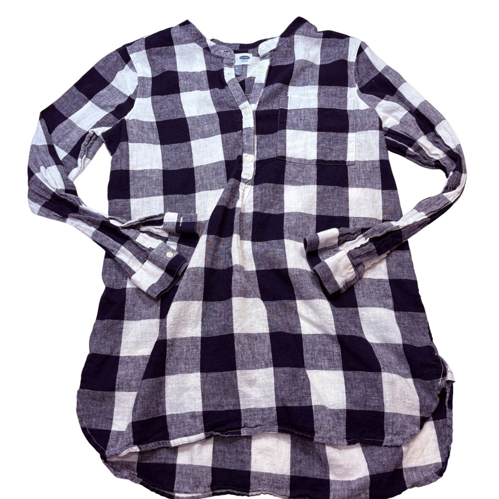 Old Navy Womens Navy Blue White Buffalo Plaid Henley Tunic Top M Long Sleeve